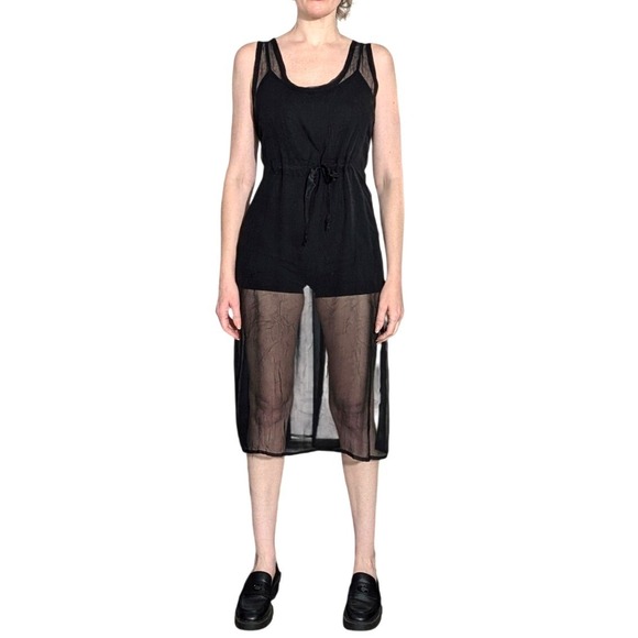 Staley Gretzinger Sheer Black Crinkle Chiffon Overlay Midi Dress Tie Waist Sz S